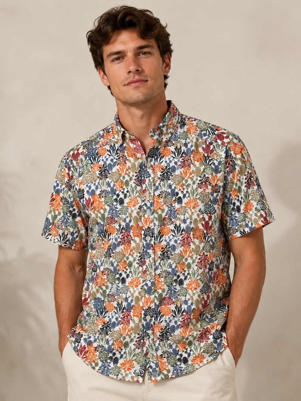 ROWM Cactus Floral Short Sleeve Button Down Shirt Small